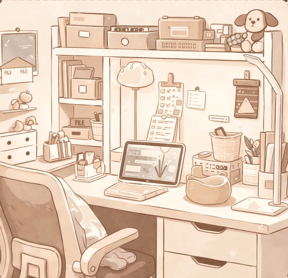 A cosy illustrated designer workspace