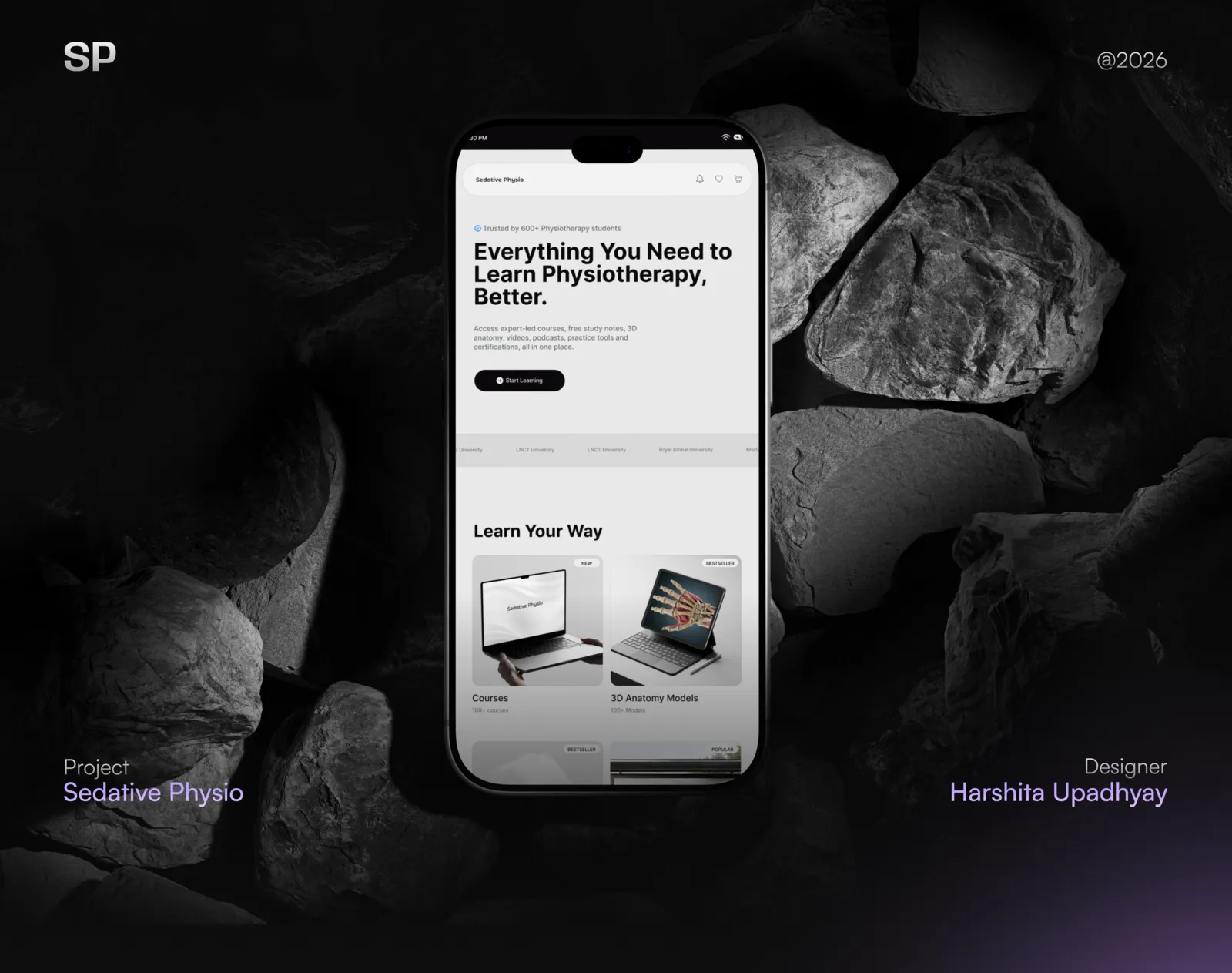 Sedative Physio product design homepage and app screens